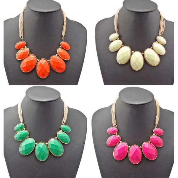 N-0792 Multi Strands Chains Facets Resin Geometry Drop Pendants Golden Bib Necklace