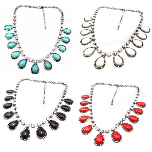 N-4261 Hot Gun-black Rhinestone Resin Gemstone Drop Charm Choker Bib Necklace
