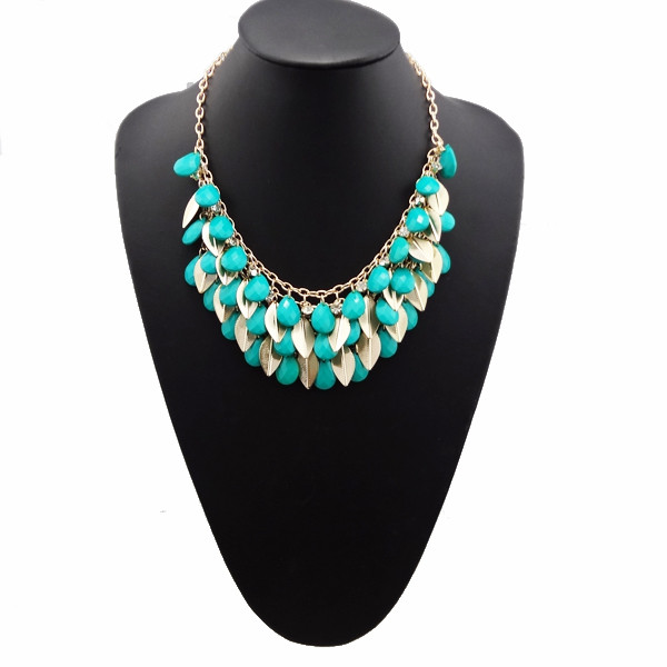N-0766 Bohemia style multi  golden leaves crystal drip fruit gem choker necklace
