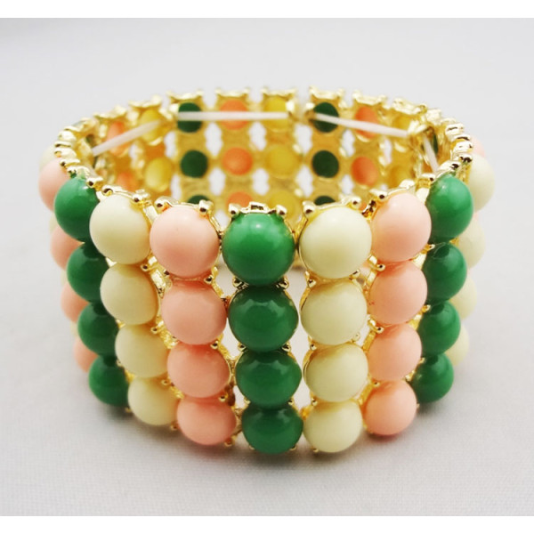 B-0009 korean style Multi color gold plated metal resin beads stretch bangel bracelet