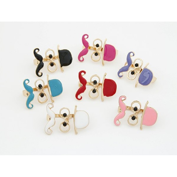 R-0128 New Fashion Gold Tone Metal Enamel Hat Mustache Open Double Fingers Ring