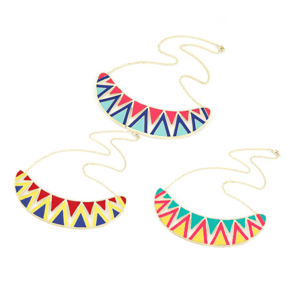 N-4504 Colorful Rainbow Enamel Triangle Hollowed Gold Metal Bib Collar Necklace