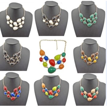 N-0791 New European Fashion Golden Metal Colorful Drop Resin Gem Choker Bib Necklace