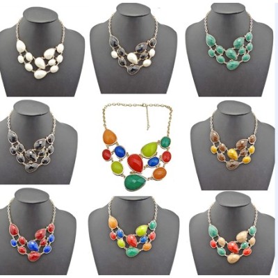 N-0791 New European Fashion Golden Metal Colorful Drop Resin Gem Choker Bib Necklace