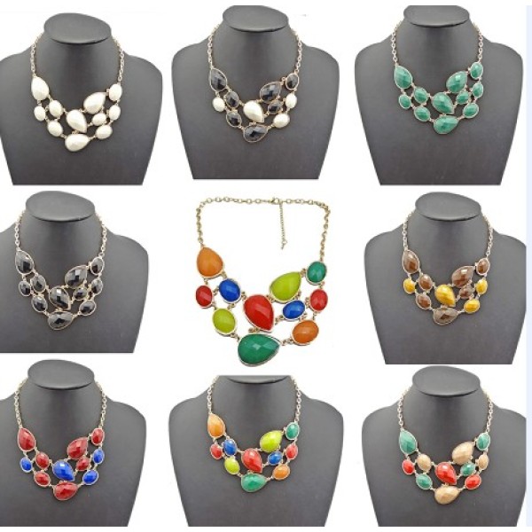 N-0791 New European Fashion Golden Metal Colorful Drop Resin Gem Choker Bib Necklace