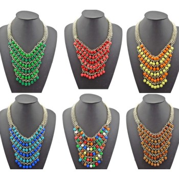 N-0752 New Fashion Resin Gem Beads Multilayer Chain Golden Metal Charming Choker Bib Necklace