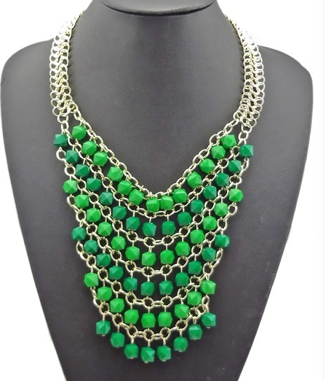 N-0752 New Fashion Resin Gem Beads Multilayer Chain Golden Metal Charming Choker Bib Necklace