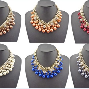 N-1535 New Fashion Charming Faux Pearl Beads Rhinestone Ball Multilayer Chain Golden Metal Choker Necklace