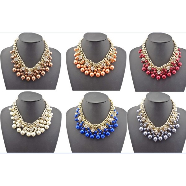 N-1535 New Fashion Charming Faux Pearl Beads Rhinestone Ball Multilayer Chain Golden Metal Choker Necklace