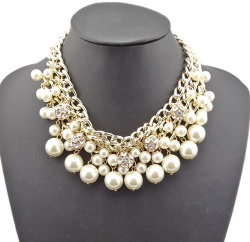 N-1535 New Fashion Charming Faux Pearl Beads Rhinestone Ball Multilayer Chain Golden Metal Choker Necklace