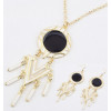N-2781 New Faux Leather Round Geometrical Pendant Gold Tone Long Chain Necklace earring set S-0017