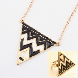 New Enamel Gold Plated Pyramid Taper Geometrical Triangle necklace Ring set