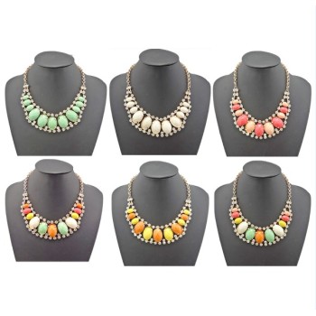 N-0566 New European style golden rhinestone geometry oval gem crescent bib necklace