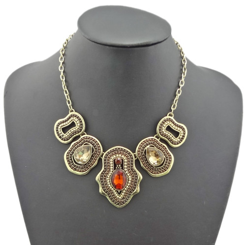 N-1761 New vintage style bronze silver metal beads drip crystal symmetrical necklace