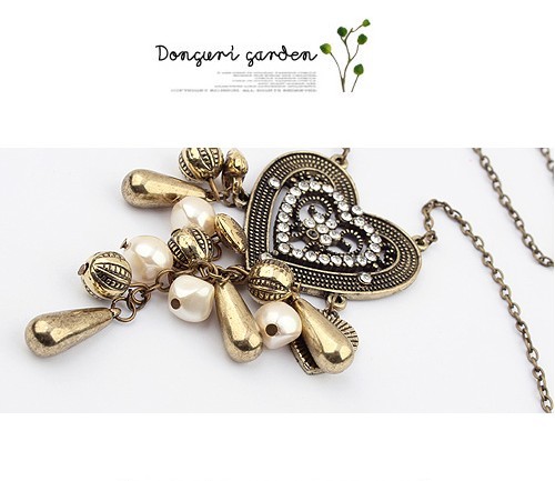 S-0027 New vintage style Bronze Beads Drip Heart Rhinestone Flower Pendant Necklace Earring Set