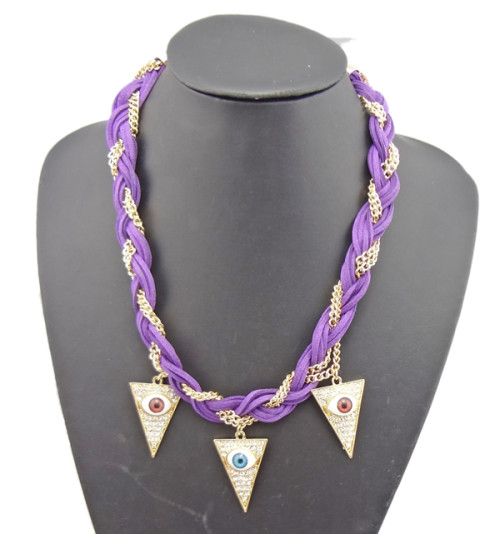 N-1023 New Coming Gold Plated Alloy Multi Chain Colorful Leather Rhinestone Lifelike Eyes Triangle Necklace