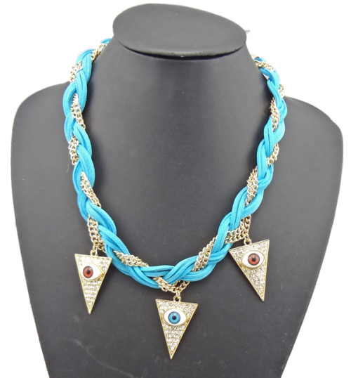 N-1023 New Coming Gold Plated Alloy Multi Chain Colorful Leather Rhinestone Lifelike Eyes Triangle Necklace