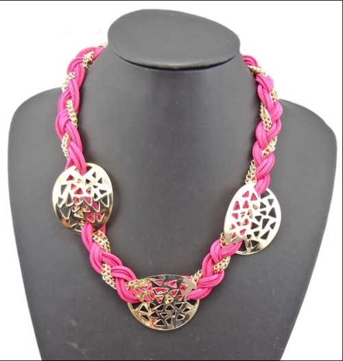 N-1030 New European Style Gold Plated Alloy Multi Chain Colorful Leather Hollow Out Geometry  Necklace