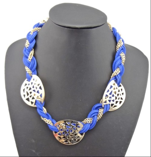 N-1030 New European Style Gold Plated Alloy Multi Chain Colorful Leather Hollow Out Geometry  Necklace