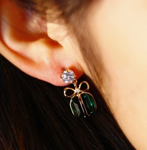 E-0262 New Charming Golden Bowknot Crystal Pendant Ear Stud Earring