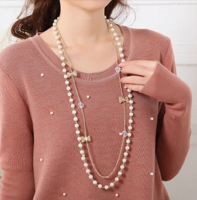 N-1530 New  Arrived Fashion Charming Gold Boeknot Pearl Double Chain Necklace