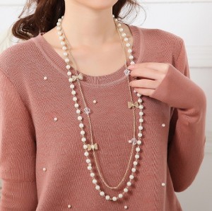 N-1530 New  Arrived Fashion Charming Gold Boeknot Pearl Double Chain Necklace