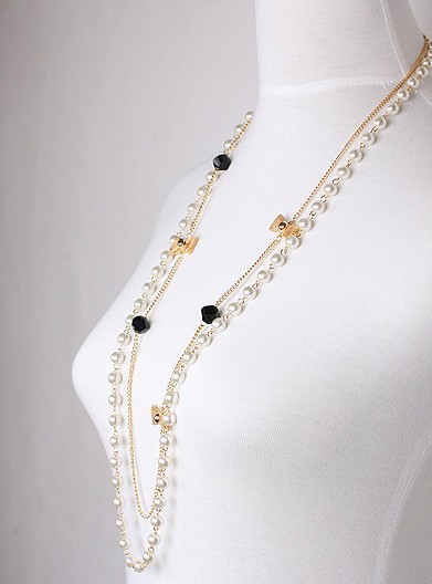 N-1530 New  Arrived Fashion Charming Gold Boeknot Pearl Double Chain Necklace