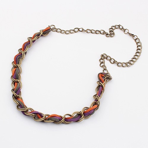 N-1308 New Arrival Folk Style Vintage Style Bronze Link Metal Leather Chain Necklace