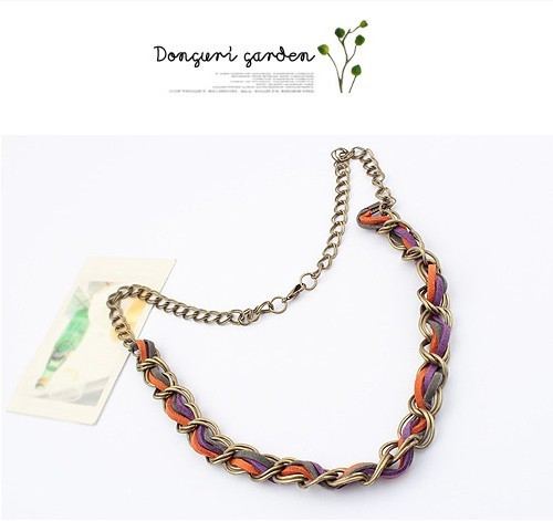 N-1308 New Arrival Folk Style Vintage Style Bronze Link Metal Leather Chain Necklace