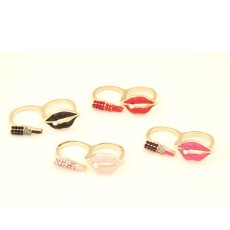 R-0189 New Coming Fashion Gold Plated Metal Enamel Lip Lipstick Double Fingers Ring
