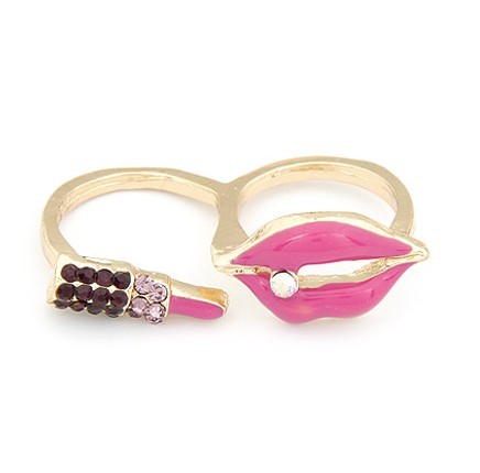 R-0189 New Coming Fashion Gold Plated Metal Enamel Lip Lipstick Double Fingers Ring