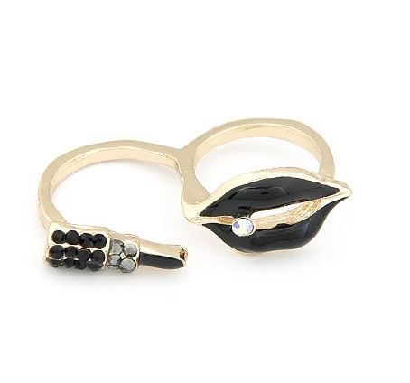 R-0189 New Coming Fashion Gold Plated Metal Enamel Lip Lipstick Double Fingers Ring