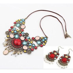 S-0061 New Arrival Bohemia Vintage Bronze Enamel Flowers Choker Necklace Earring Set