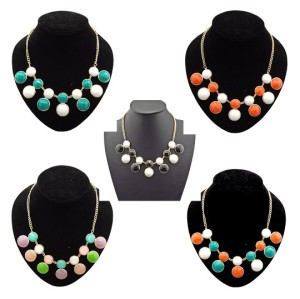 N-4254 New Fashion Lovely Gold Tone Round Resin Gem Stone Choker Bib Necklace