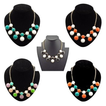 N-4254 New Fashion Lovely Gold Tone Round Resin Gem Stone Choker Bib Necklace