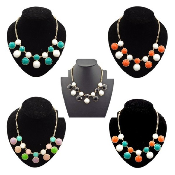 N-4254 New Fashion Lovely Gold Tone Round Resin Gem Stone Choker Bib Necklace