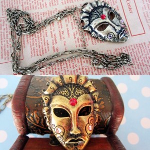 N-2783 Punk Vintage Style Silver/Gold Metal Mask Rhinestone Pendant Necklace