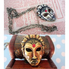 N-2783 Punk Vintage Style Silver/Gold Metal Mask Rhinestone Pendant Necklace