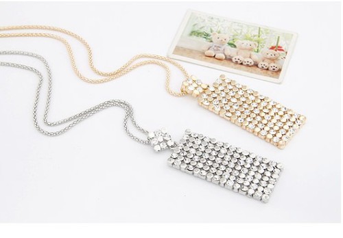 N-4579 New Fashion Charming Double Chains Gold/Silver Oblong Rhinestone Pewndant Necklace