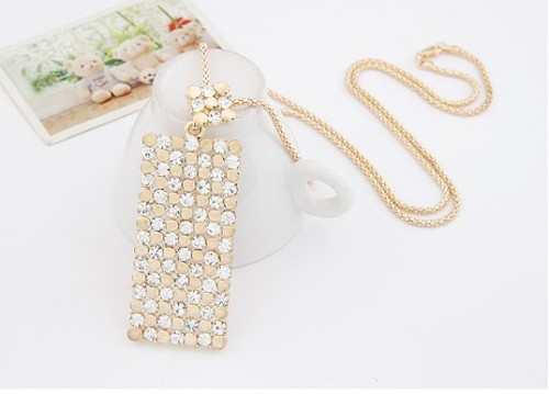 N-4579 New Fashion Charming Double Chains Gold/Silver Oblong Rhinestone Pewndant Necklace