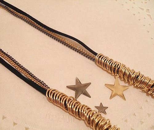 N-2325 New Fashion Multilayer Chains Golden Gun Black Rings Star Necklace