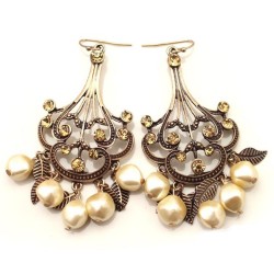 E-0234 New Vintage Bronze Hollow Out Flower Leaf Beads Rhinestone Dangling Earring