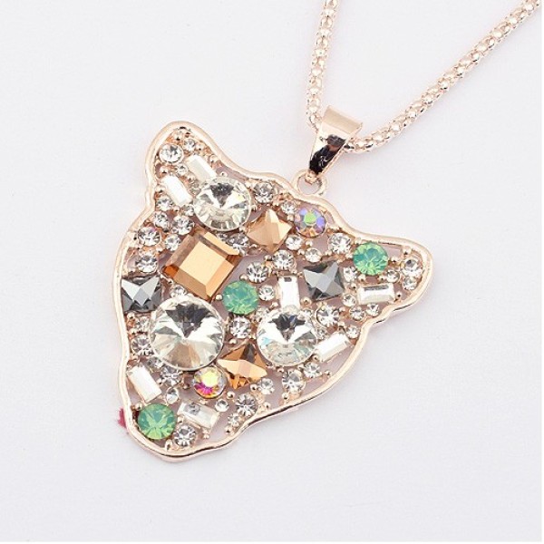 N-3264 New Arrival Fashion Charming Double Chains Golden Crystal Rhinestone Leopard Head Pendant Necklace