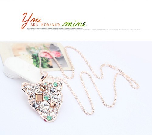 N-3264 New Arrival Fashion Charming Double Chains Golden Crystal Rhinestone Leopard Head Pendant Necklace