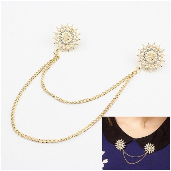 P-0063 New Arrival Gold/Bronze Plated Pearl Rhinestone Flower Brooch Pin