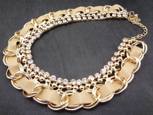 N-1301 Fashion European Style Charming Rhinestone Leather Chain Necklace