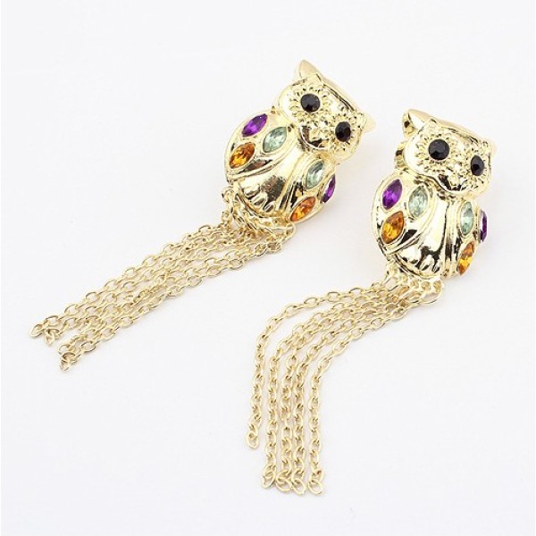 E-0643 Fashion style gold plated crystal owl tassels  Dangle Earring
