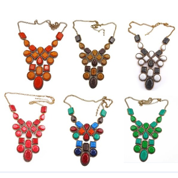 N-0751 New In Fashion Lovely Bronze Metal Square Drop Resin Gem Choker Necklace