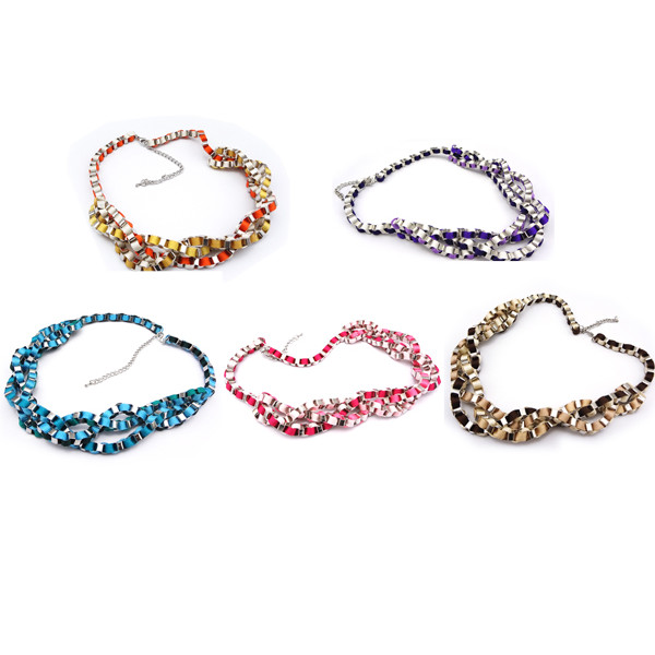 N-1015 Silver Plated Geometric Multilayer Color Ribbon Stripe Weave Choker Necklace