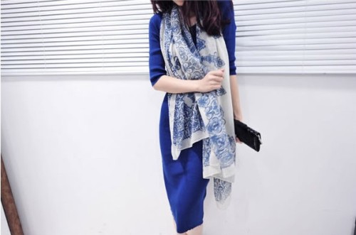 C-0022 New Vintage Style blue and white porcelain Flower ramie cotton yarn scarf 180cm*110cm